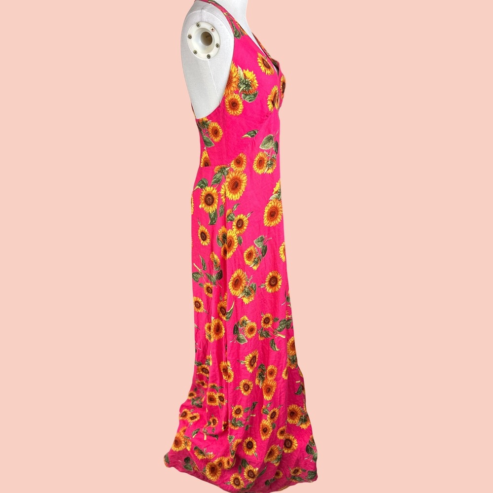 Farm Rio Brazil Sunflower Maxi Dress Sz XS Pink Floral Halter Boho Summer V-Neck - Picture 3 of 14